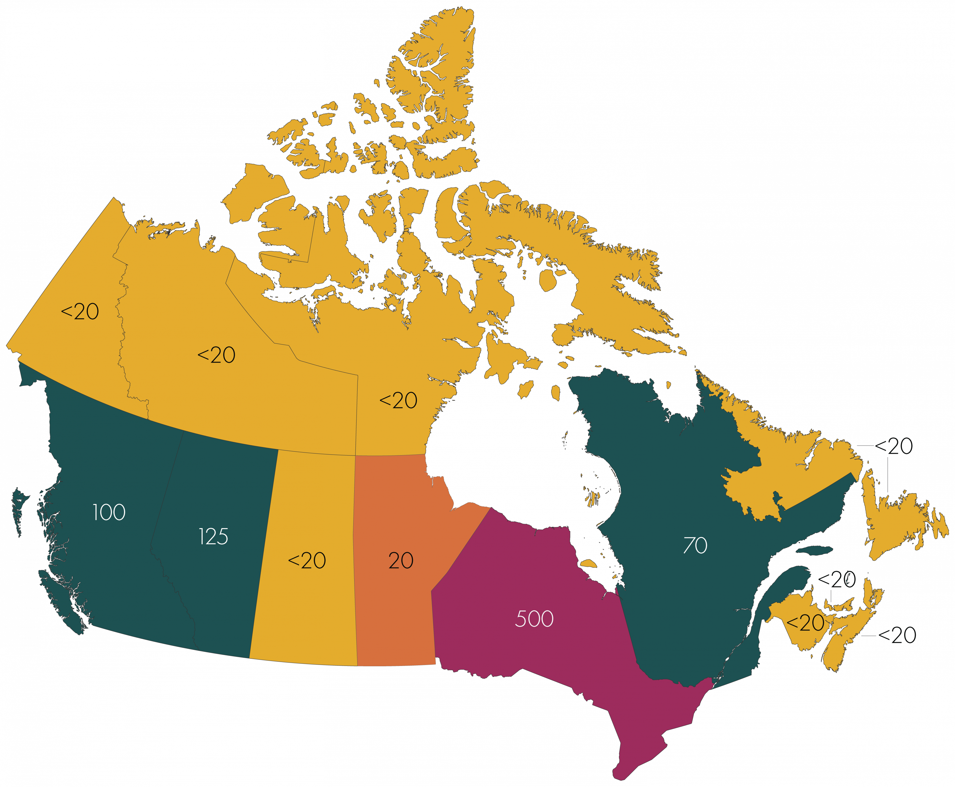 Carte du Canada avec des chiffres affichés sur la province et les territoires